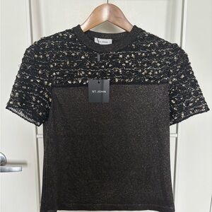 St. John Black Sequin Embellished Short Sleeve Tee